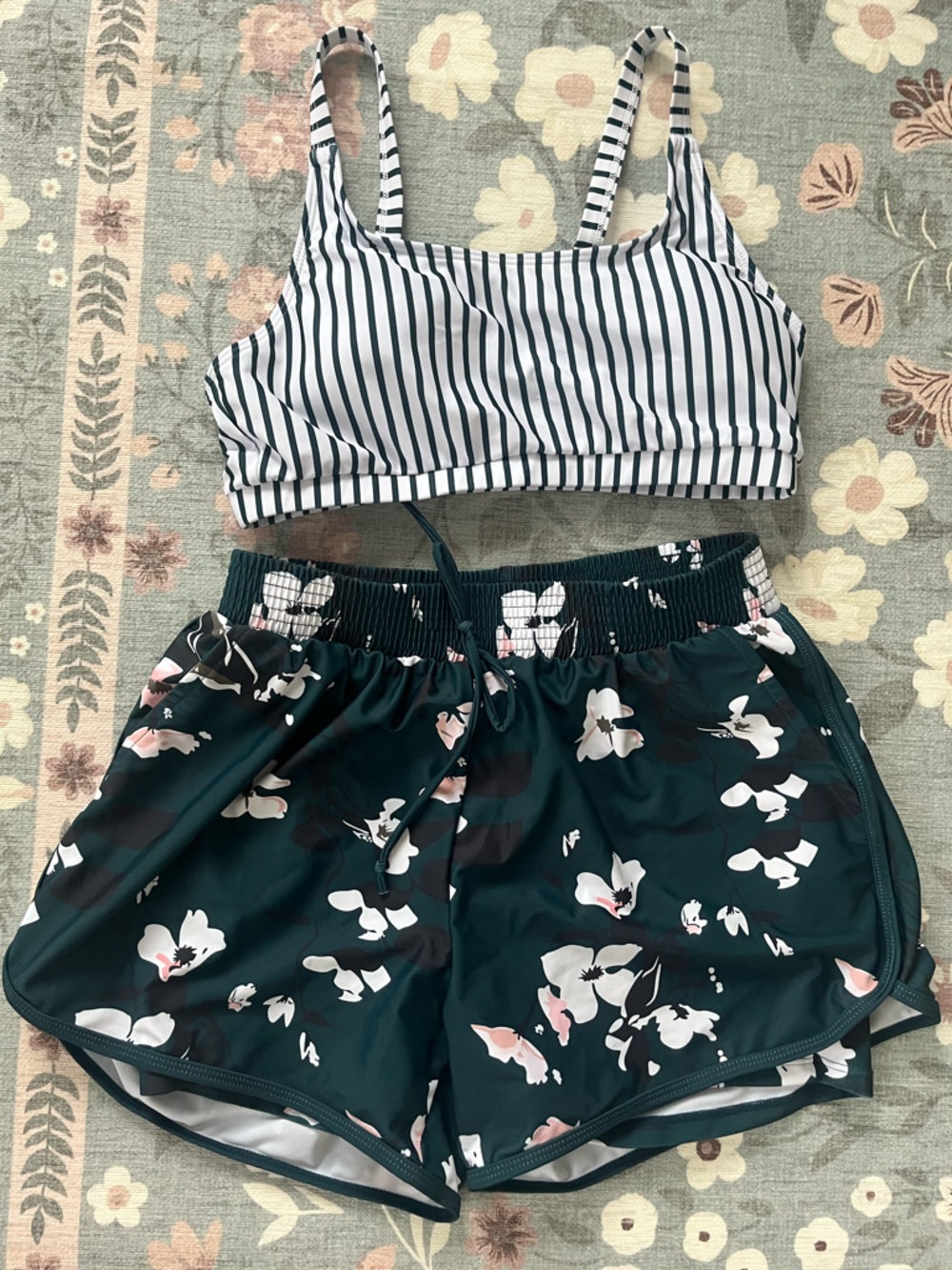 Striped White & Black Bikini Top with Dark Green Floral Swim Shorts - Women Swim